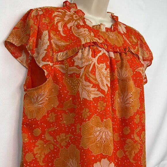 Joie Orange Fall Floral short sleeve Blouse with metallic accents size large EUC - Picture 3 of 11